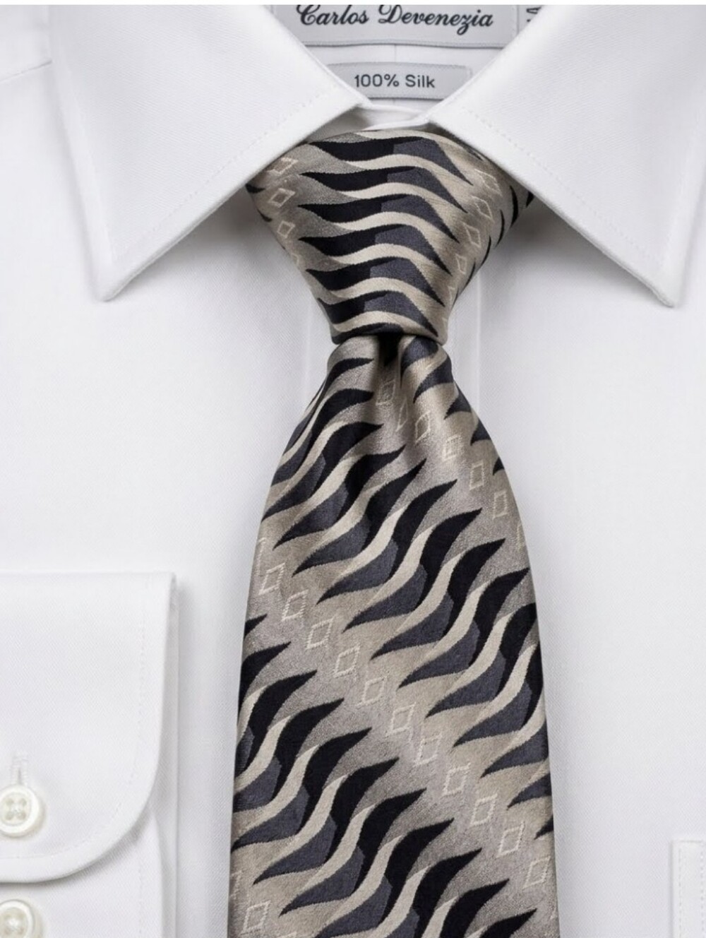Vintage Carlos Devenezia 100% Silk Geometric Flame Tie – Taupe Champagne Black